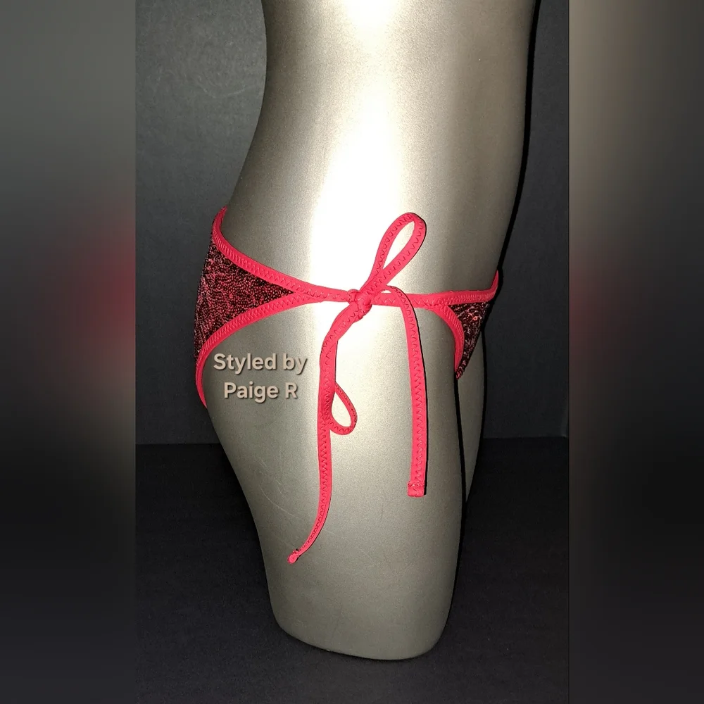 💕NWT SKIMS Swim Bikini Bar Tie Bottoms Swimsuit Swim Suit Red Sequin BRICK S